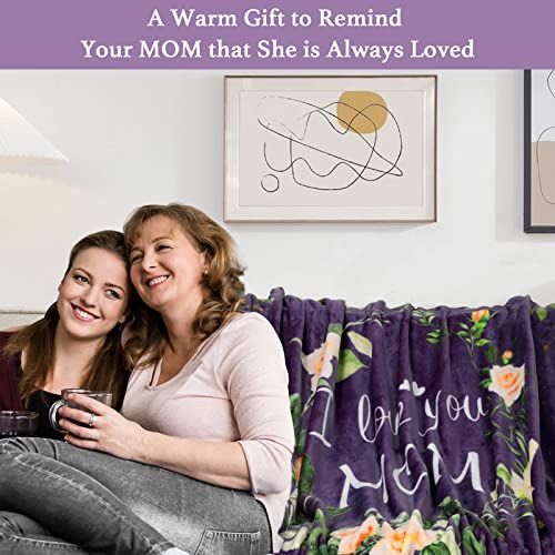 Mom Birthday for Mom Blanket from Daughter Son, Super Soft, Warm and Comfy, I Love You Mom Blanket, Flower Women Throw Blanket 60" x 50", Purple