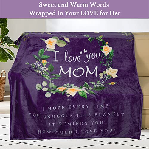 Mom Birthday for Mom Blanket from Daughter Son, Super Soft, Warm and Comfy, I Love You Mom Blanket, Flower Women Throw Blanket 60" x 50", Purple