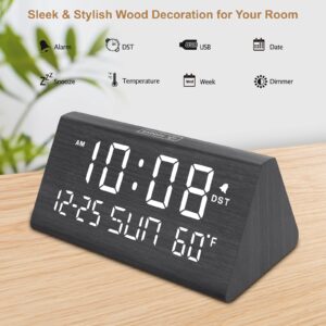 DreamSky Digital Alarm Clocks for Bedrooms - Wooden Desk Clock with Date, Day of Week, USB Port, Temperature, Dimmer for Bedside Table, Living Room, Office, Adjustable Volume, Auto DST, Wood Decor