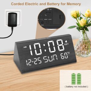 DreamSky Digital Alarm Clocks for Bedrooms - Wooden Desk Clock with Date, Day of Week, USB Port, Temperature, Dimmer for Bedside Table, Living Room, Office, Adjustable Volume, Auto DST, Wood Decor