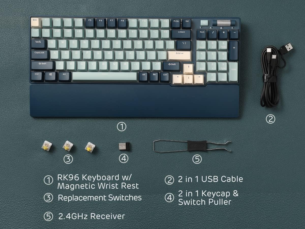 RK ROYAL KLUDGE RK96 RGB Limited Ed, 90% 96 Keys Wireless Triple Mode BT5.0/2.4G/USB-C Hot Swappable Mechanical Keyboard w/Wrist Rest, Software Support & Massive Battery, RK Yellow Switch