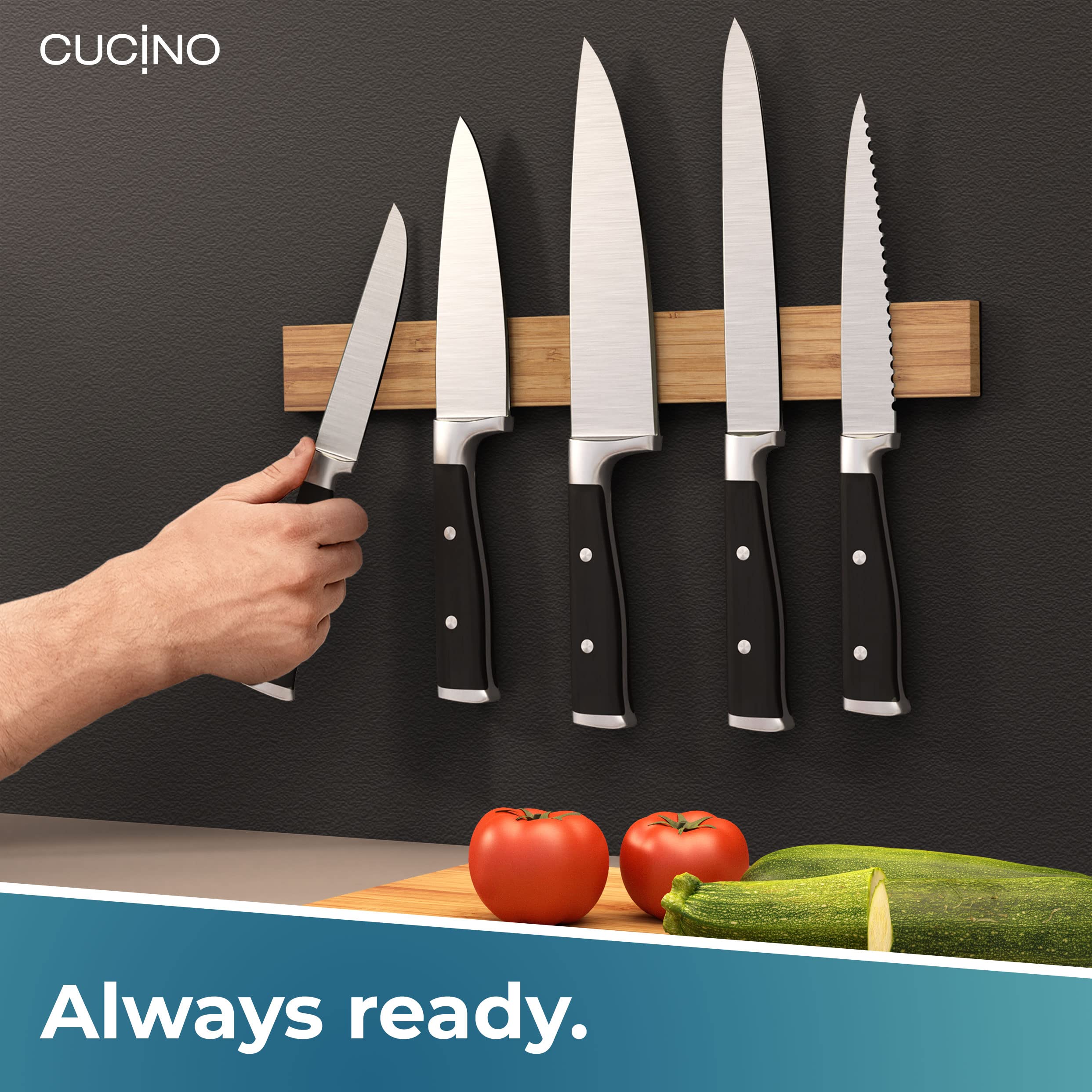 CUCINO Magnetic Knife Holder for Wall 16" No Drilling incl. Self Adhesive Tape - Extra strong Knife Holder - Awarded Knife Magnetic Strip - Made of Bamboo