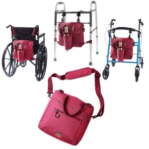 Rollatote Go-Getter Lightweight Nylon, Easy Hook On & Off Messenger Bag for Walkers, Rollators, Wheelchairs, Scooters, Bottle Holder, Soft-Lined Glasses Pocket, Padded Interior (Cranberry)