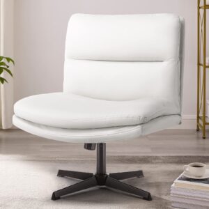 pukami armless office desk chair no wheels,pu leather criss cross legged for home,modern swivel vanity and mid-back computer chair,height adjustable wide seat for task (white)