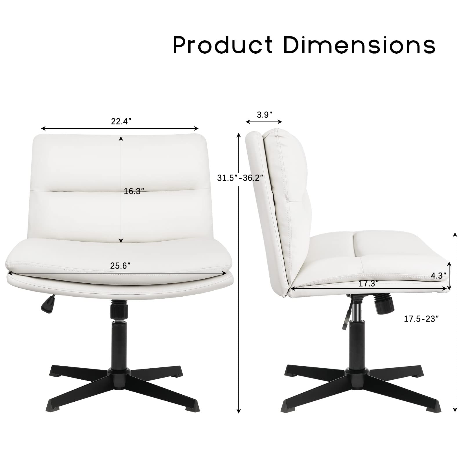 PUKAMI Armless Office Desk Chair No Wheels,PU Leather Criss Cross Legged for Home,Modern Swivel Vanity and Mid-Back Computer Chair,Height Adjustable Wide Seat for Task (White)