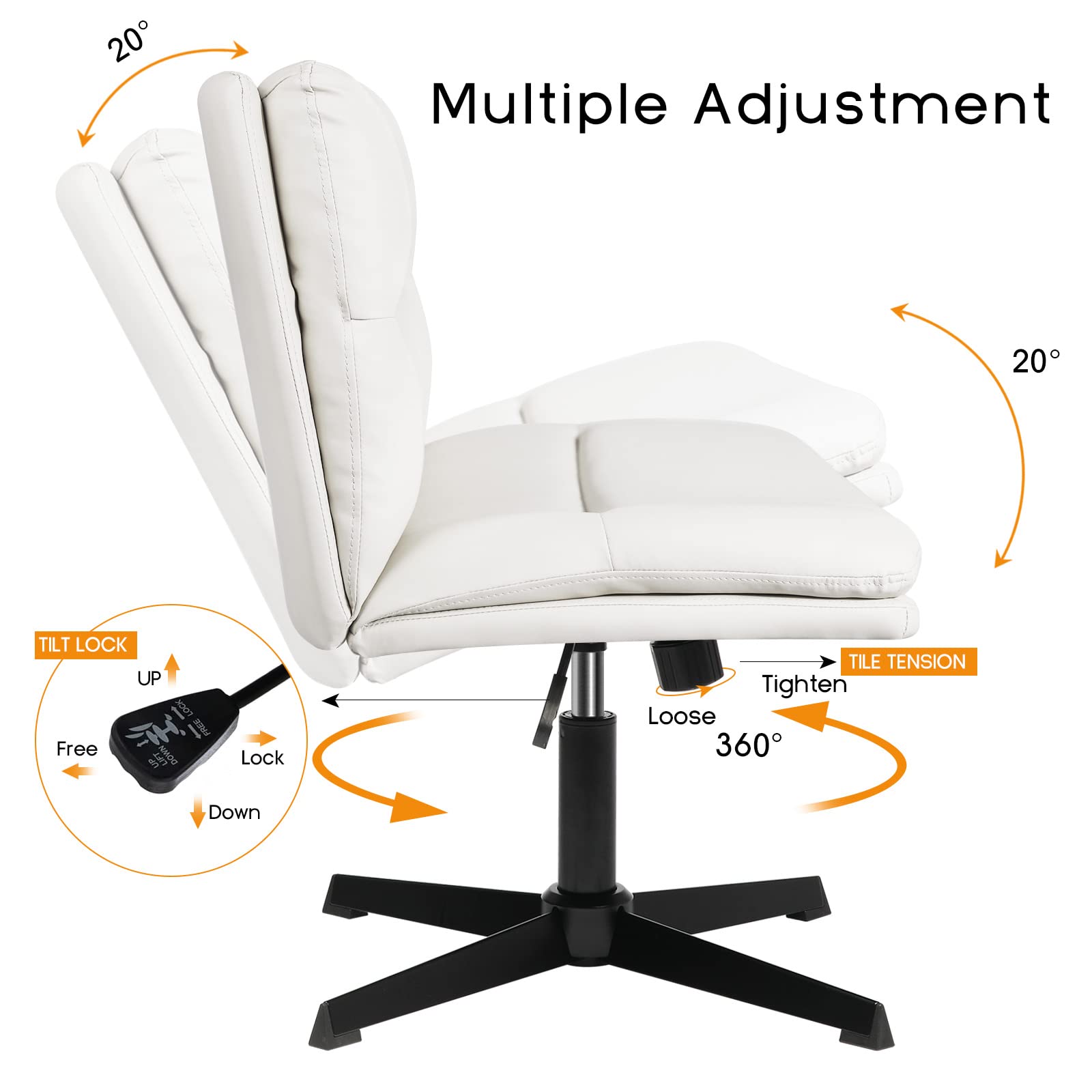 PUKAMI Armless Office Desk Chair No Wheels,PU Leather Criss Cross Legged for Home,Modern Swivel Vanity and Mid-Back Computer Chair,Height Adjustable Wide Seat for Task (White)