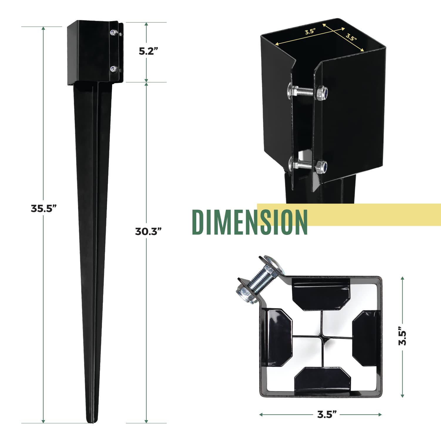 WIMART Fence Post Anchor 4''x4'', Heavy Duty Metal Fence Post Anchor Ground Spike 36''x4''x4'' for Fence, Mailbox, Bird Feeder, Decking. with The Black Powder Coating Cover on The Surface (Set 4)