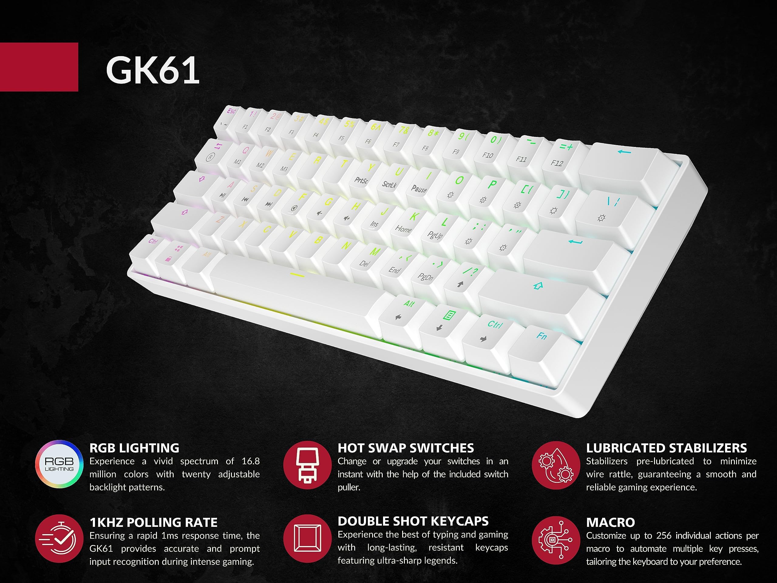 GK61 Mechanical Gaming Keyboard - 61 Keys Multi Color RGB Illuminated LED Backlit Wired Programmable for PC/Mac Gamer (Gateron Optical Yellow, White)