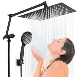 Rain Shower Head with Handheld Spray Combo - 10" Rainfall Showerhead + 7-Spray Handheld Spray Combo, Folded Extension Arm, 71" Shower Hose and 3 Settings Diverter, Matteblack