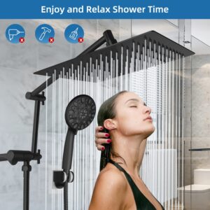 Rain Shower Head with Handheld Spray Combo - 10" Rainfall Showerhead + 7-Spray Handheld Spray Combo, Folded Extension Arm, 71" Shower Hose and 3 Settings Diverter, Matteblack