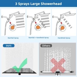 Rain Shower Head with Handheld Spray Combo - 10" Rainfall Showerhead + 7-Spray Handheld Spray Combo, Folded Extension Arm, 71" Shower Hose and 3 Settings Diverter, Matteblack