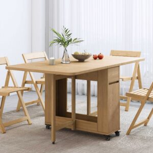 PIAQIA Folding Dining Table, Convertible Drop-Leaf Kitchen Table with Storage, Space Saving Foldable Dinner Table for 4-6, 55" W x 32" D x 29" H, Natural, 1 Table (NO Chairs Included)