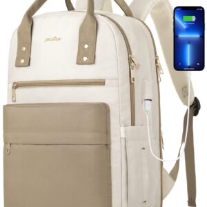 YAMTION Laptop Backpack for Women Bookbag School Backpack with Charger,Aesthetic Computer Backpacks for High School Teen Girls Office College Students Nursing Work,Mochila Mujer,Beige