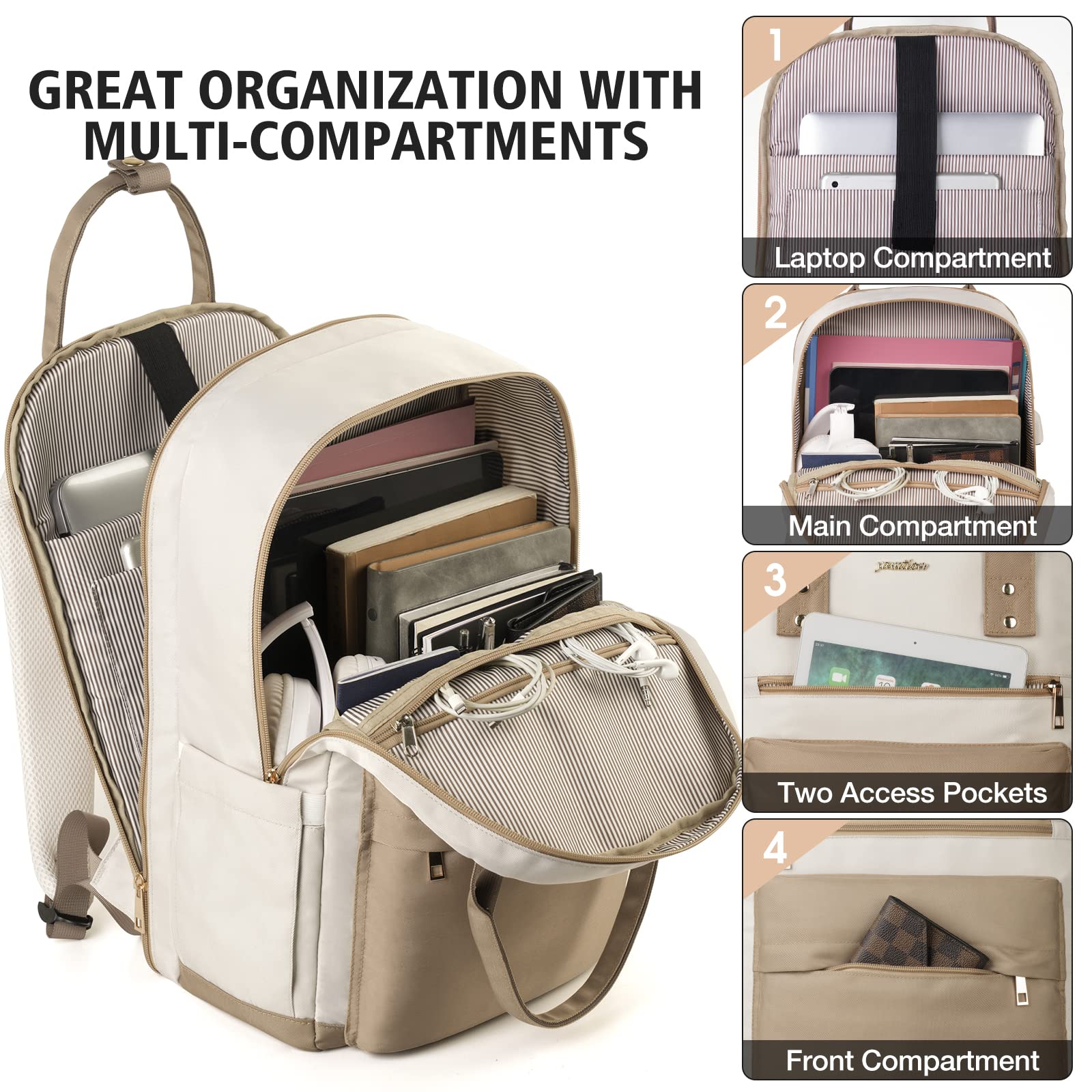 YAMTION Laptop Backpack for Women Bookbag School Backpack with Charger,Aesthetic Computer Backpacks for High School Teen Girls Office College Students Nursing Work,Mochila Mujer,Beige