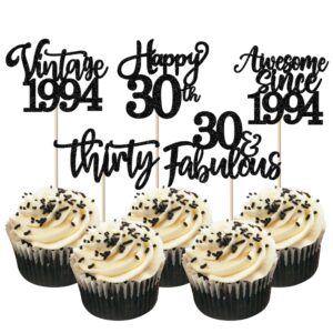 30 Pack Vintage 1994 Cupcake Toppers Glitter Happy 30th Thirty Awesome Since 1994 Cupcake Picks 30 Fabulous Cake Decorations for 30th Birthday Wedding Anniversary Party Supplies Black