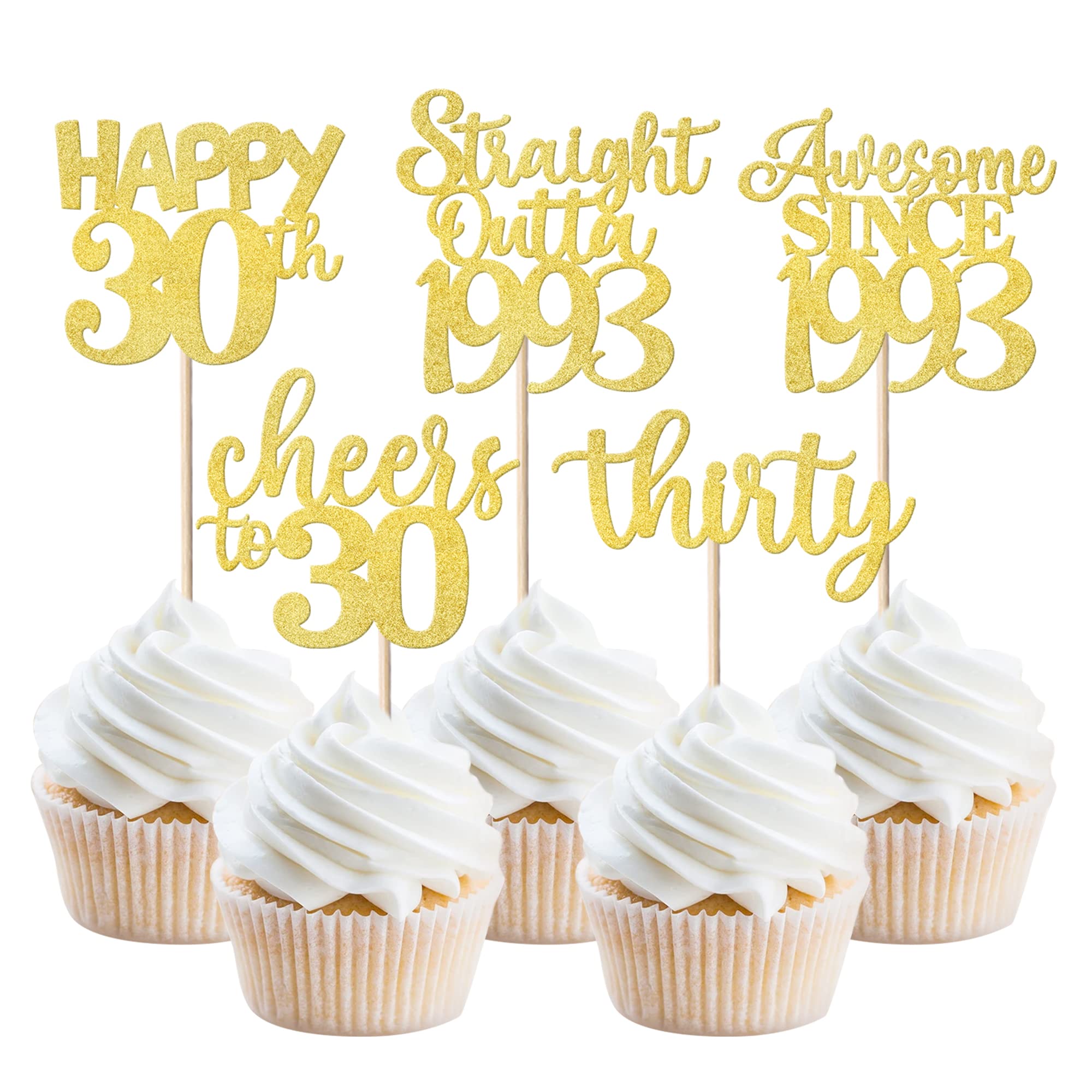 30 Pack 30th Birthday Cupcake Toppers Glitter Straight Outta 1993 Happy 30th Thirty Awesome Since 1993 Cupcake Picks 30 Fabulous Cake Decorations for 30th Birthday Wedding Anniversary Party Gold