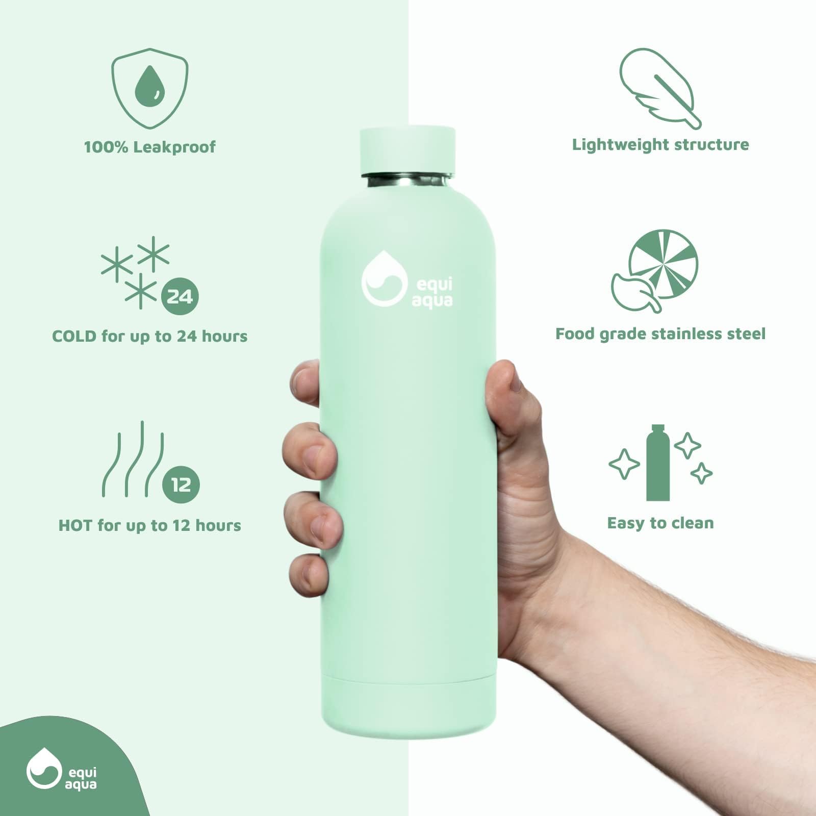 equi aqua Stainless Steel Water Bottles - 25 oz, Double Wall Vaccuum Insulated Water Bottle, Hot and Cold Leak Proof Metal Water Bottles for Sports, Gym, Camping (refreshing light green)