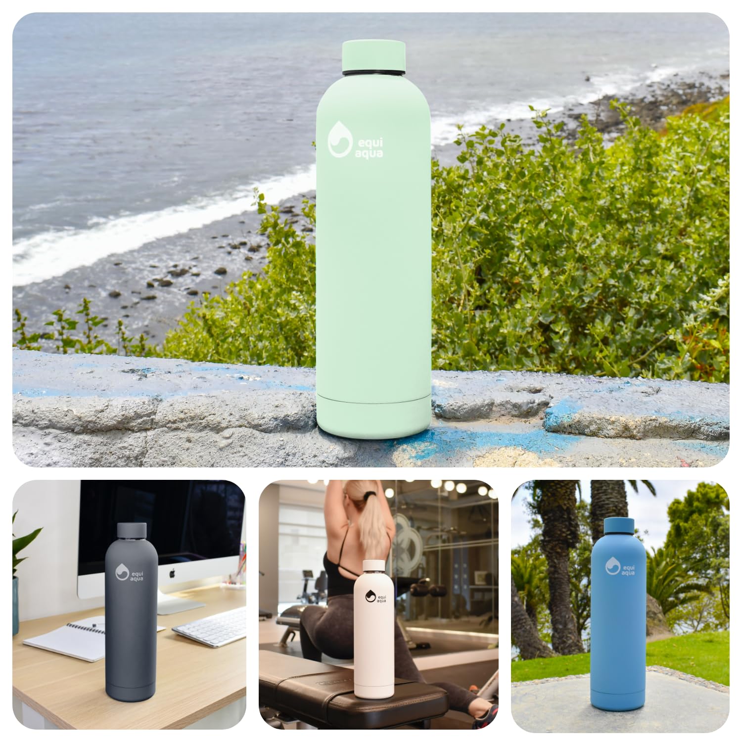 equi aqua Stainless Steel Water Bottles - 25 oz, Double Wall Vaccuum Insulated Water Bottle, Hot and Cold Leak Proof Metal Water Bottles for Sports, Gym, Camping (refreshing light green)