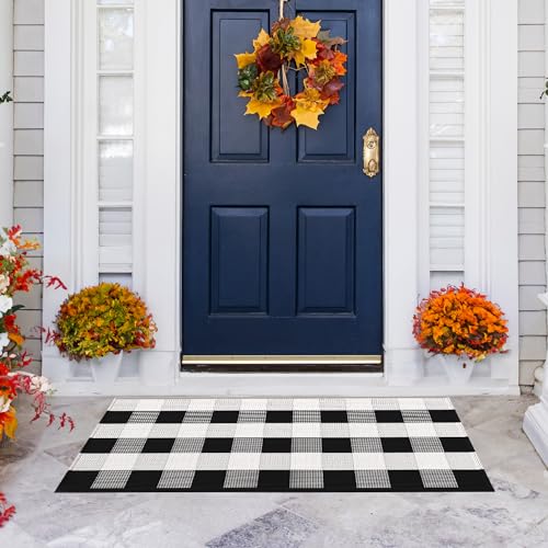 Black and White Buffalo Plaid Outdoor Rug - 24x51 - Cotton Buffalo Plaid Rug for Outdoor/Indoor Use - Washable Front Door Mat for Front Porch, Kitchen, Farmhouse Entryway