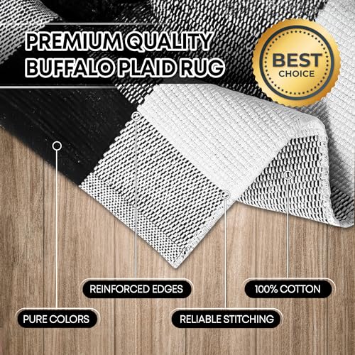 Black and White Buffalo Plaid Outdoor Rug - 24x51 - Cotton Buffalo Plaid Rug for Outdoor/Indoor Use - Washable Front Door Mat for Front Porch, Kitchen, Farmhouse Entryway