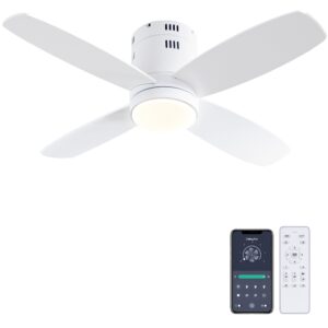 Ohniyou Ceiling Fan with Lights - 38'' Small Low Profile Ceiling Fans Remote & APP Control - Dimmable Indoor Outdoor Quiet DC Flush Mount Ceiling Fan for Patio Kitchen Dining Room Bedroom(White)