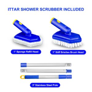 ITTAR Mutil-Purpose Scrub Brush with 3-Section Adjustable Long Handle, 56" Tub Tile Scrubber, 2-in-1 Shower Cleaning Brush & Sponge, Bathtub Cleaner Scrubber for Cleaning Walk-in Shower Bathroom