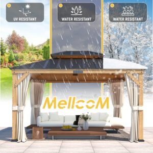 MELLCOM 11' x 13' Asphalt Hardtop Gazebo, Spruce Wood Double Roof Gazebo with Curtains and Meshes, Canopy Gazebo with Waterproof Coated Wood Frame for Patios, Gardens, Lawns, and Backyards