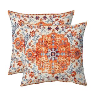 chiinvent Boho Pillows Covers 18x18 Inch Set of 2 Bohemian Vintage Rust Carpet Pattern Throw Pillows Orange Blue Ethnic Floral Decorative Cotton Linen Cushion Cases for Outdoor Couch Sofa Living Room