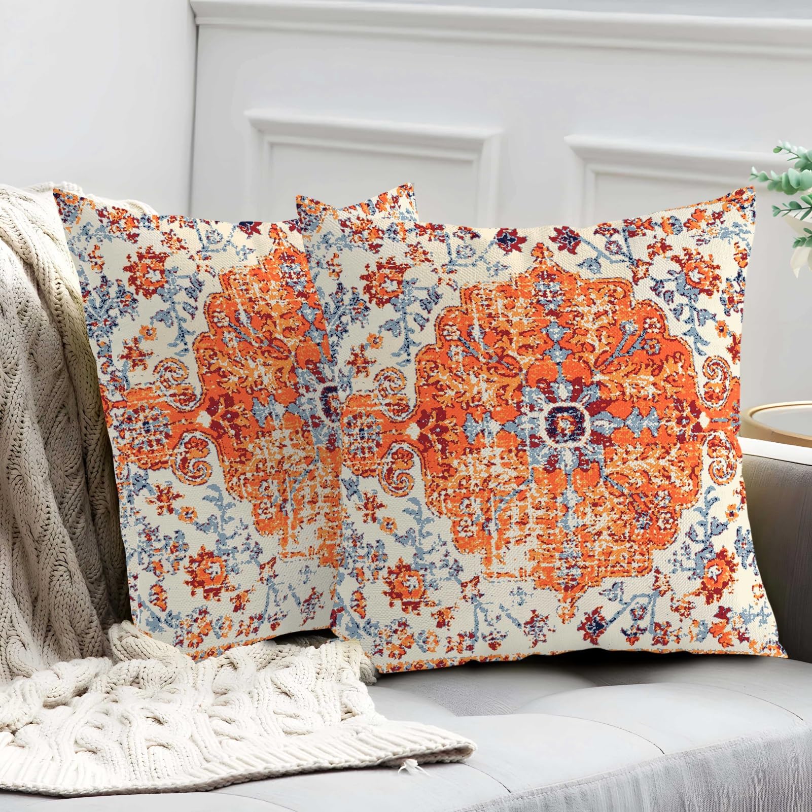 chiinvent Boho Pillows Covers 18x18 Inch Set of 2 Bohemian Vintage Rust Carpet Pattern Throw Pillows Orange Blue Ethnic Floral Decorative Cotton Linen Cushion Cases for Outdoor Couch Sofa Living Room