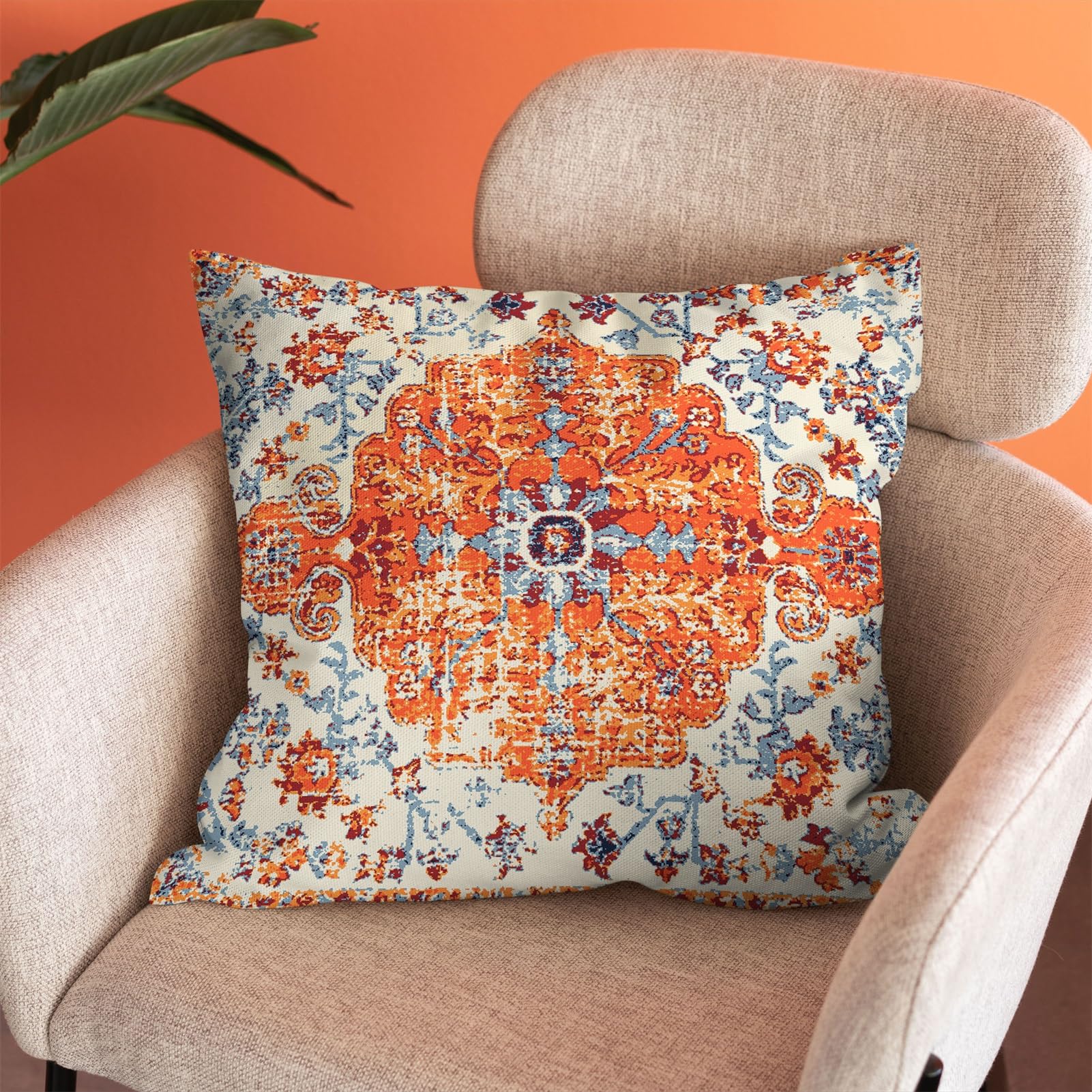 chiinvent Boho Pillows Covers 18x18 Inch Set of 2 Bohemian Vintage Rust Carpet Pattern Throw Pillows Orange Blue Ethnic Floral Decorative Cotton Linen Cushion Cases for Outdoor Couch Sofa Living Room