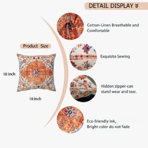 chiinvent Boho Pillows Covers 18x18 Inch Set of 2 Bohemian Vintage Rust Carpet Pattern Throw Pillows Orange Blue Ethnic Floral Decorative Cotton Linen Cushion Cases for Outdoor Couch Sofa Living Room