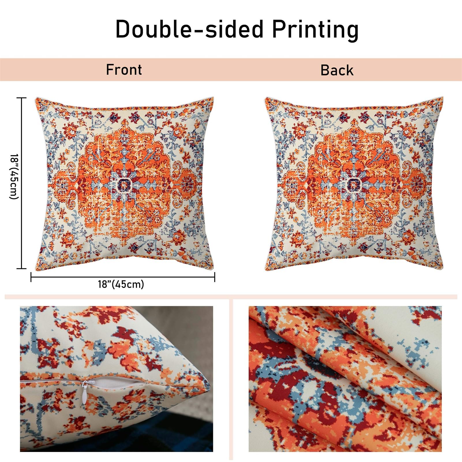 chiinvent Boho Pillows Covers 18x18 Inch Set of 2 Bohemian Vintage Rust Carpet Pattern Throw Pillows Orange Blue Ethnic Floral Decorative Cotton Linen Cushion Cases for Outdoor Couch Sofa Living Room