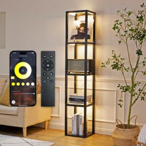 fenlo fantasy pro - 66" glass dimmable led floor lamp with shelves for bedroom, tempered glass display shelf lamp for living room, open display stand for business, long lasting led, unique home decor