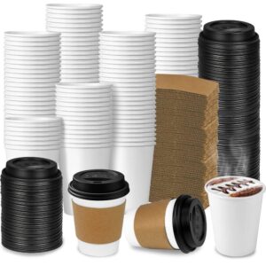 Ginkgo 100-Pack 8 oz Thickened Disposable Coffee Cups with Lids and Sleeves for Hot Beverages - Perfect for Hot Coffee, Cocoa, and More