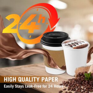 Ginkgo 100-Pack 8 oz Thickened Disposable Coffee Cups with Lids and Sleeves for Hot Beverages - Perfect for Hot Coffee, Cocoa, and More