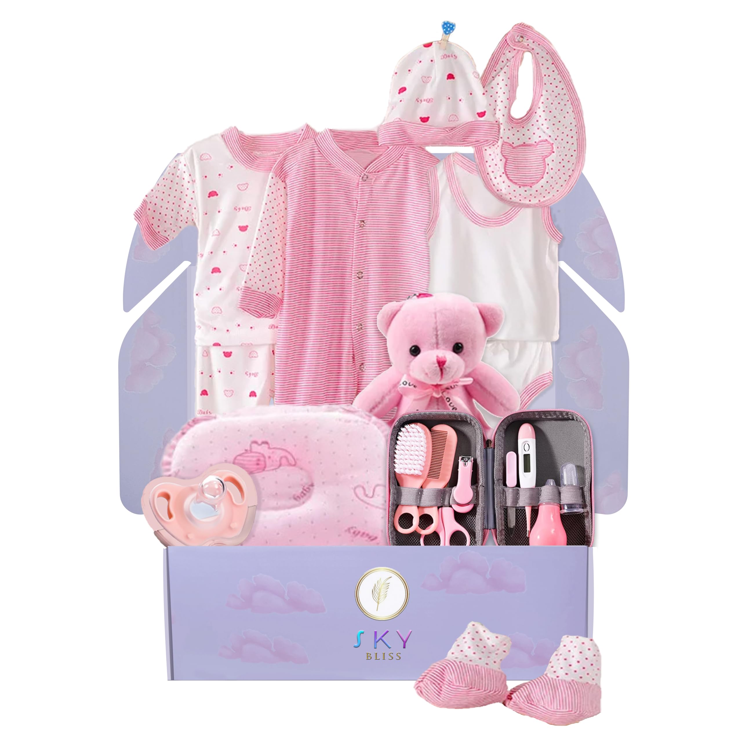 Sky Bliss 20 Piece Baby Gift Set (Pink), Newborn Baby Gift Set, Baby Clothes, Teddy Bear, Pacifier, Baby Grooming kit, Gifts for a New Baby Girl, Baby Girl Newborn Essentials