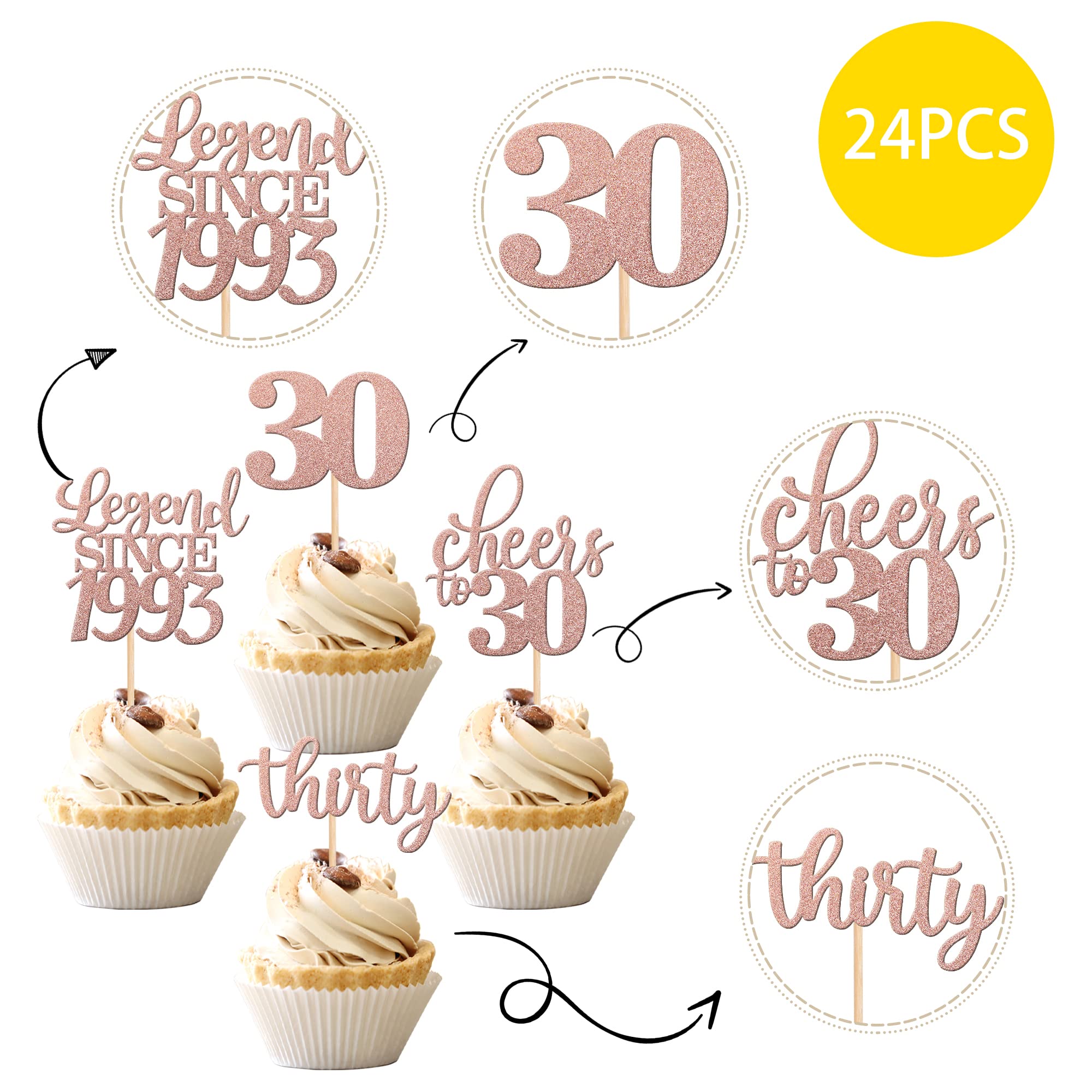 24 PCS Legend Since 1993 Cupcake Toppers Glitter Thirty Cheers to 30 Happy 30th Birthday Cupcake Picks for 30th Birthday Wedding Anniversary Party Cake Decorations Supplies Rose Gold