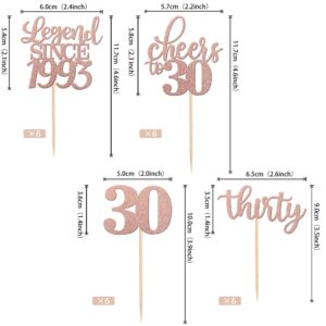 24 PCS Legend Since 1993 Cupcake Toppers Glitter Thirty Cheers to 30 Happy 30th Birthday Cupcake Picks for 30th Birthday Wedding Anniversary Party Cake Decorations Supplies Rose Gold