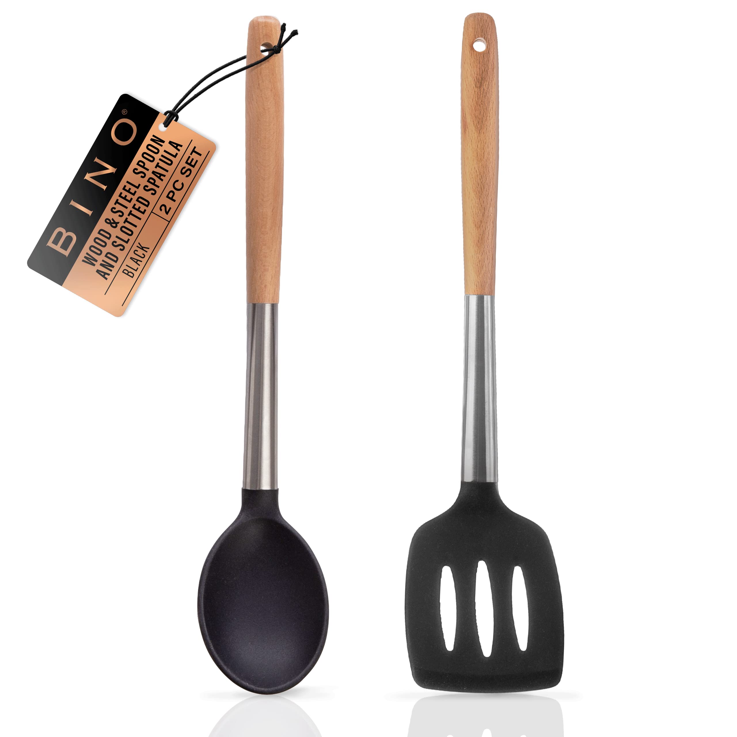 BINO 2-Piece Silicone Spoon & Slotted Turner Set with Stainless Steel & Wooden Handle - Black | BPA-Free Nonstick & Heat Resistant Silicone | Mixing & Serving | Cooking Utensils for Nonstick Cookware