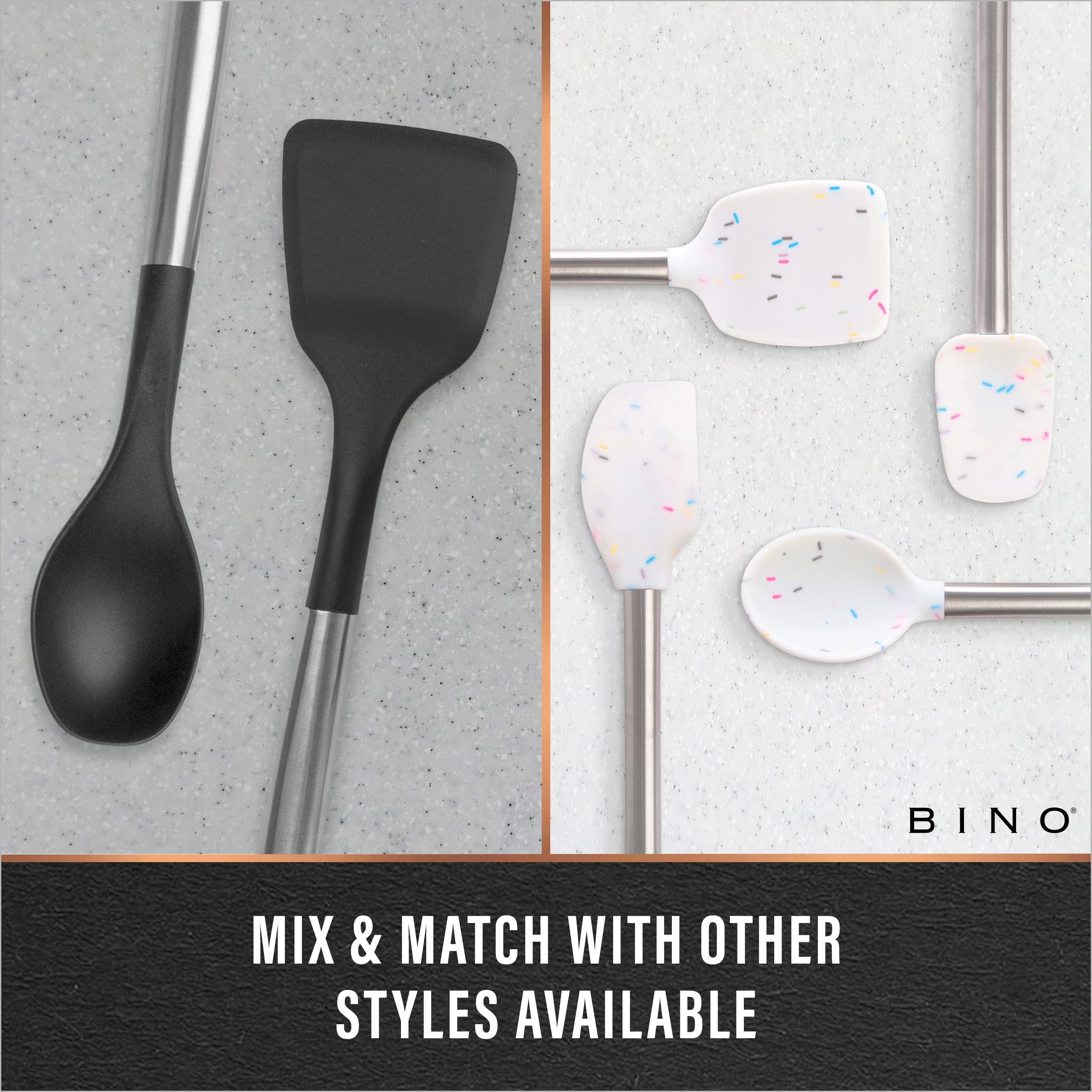 BINO 2-Piece Silicone Spoon & Slotted Turner Set with Stainless Steel & Wooden Handle - Black | BPA-Free Nonstick & Heat Resistant Silicone | Mixing & Serving | Cooking Utensils for Nonstick Cookware