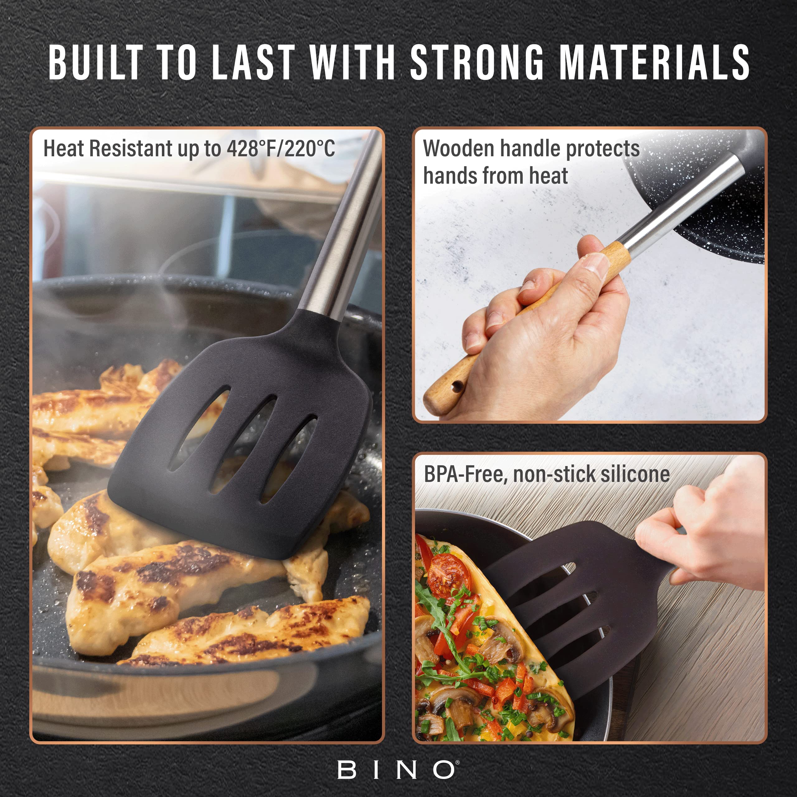 BINO 2-Piece Silicone Spoon & Slotted Turner Set with Stainless Steel & Wooden Handle - Black | BPA-Free Nonstick & Heat Resistant Silicone | Mixing & Serving | Cooking Utensils for Nonstick Cookware