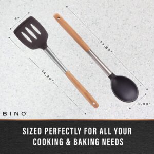 BINO 2-Piece Silicone Spoon & Slotted Turner Set with Stainless Steel & Wooden Handle - Black | BPA-Free Nonstick & Heat Resistant Silicone | Mixing & Serving | Cooking Utensils for Nonstick Cookware