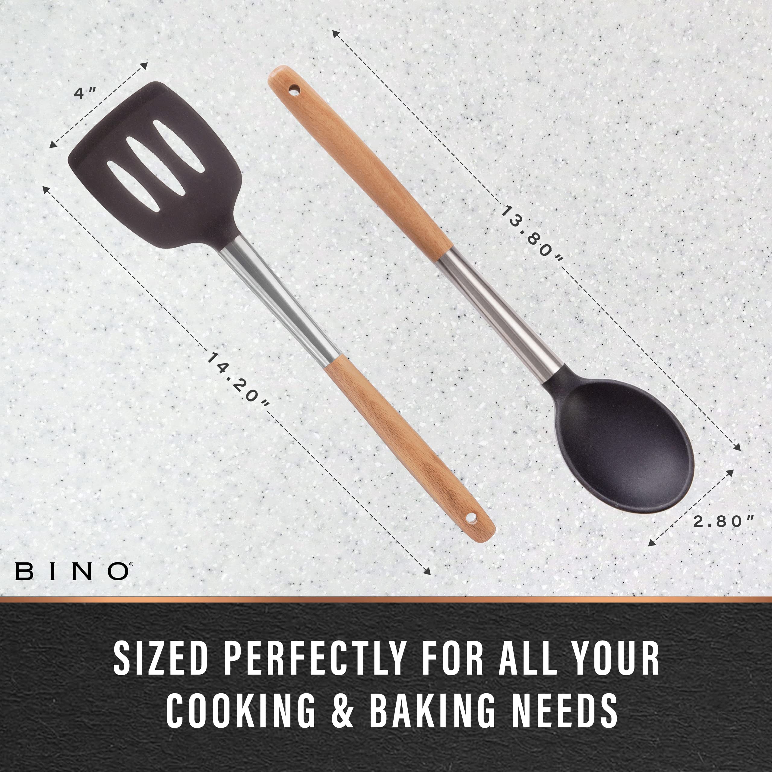 BINO 2-Piece Silicone Spoon & Slotted Turner Set with Stainless Steel & Wooden Handle - Black | BPA-Free Nonstick & Heat Resistant Silicone | Mixing & Serving | Cooking Utensils for Nonstick Cookware