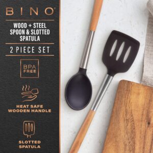 BINO 2-Piece Silicone Spoon & Slotted Turner Set with Stainless Steel & Wooden Handle - Black | BPA-Free Nonstick & Heat Resistant Silicone | Mixing & Serving | Cooking Utensils for Nonstick Cookware