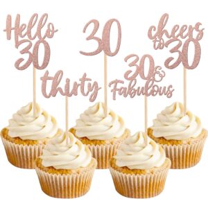 30pcs 30th birthday cupcake toppers glitter thirty hello 30 cupcake picks cheers to 30 fabulous cake decoration for happy 30th birthday wedding anniversary party decorations supplies rose gold