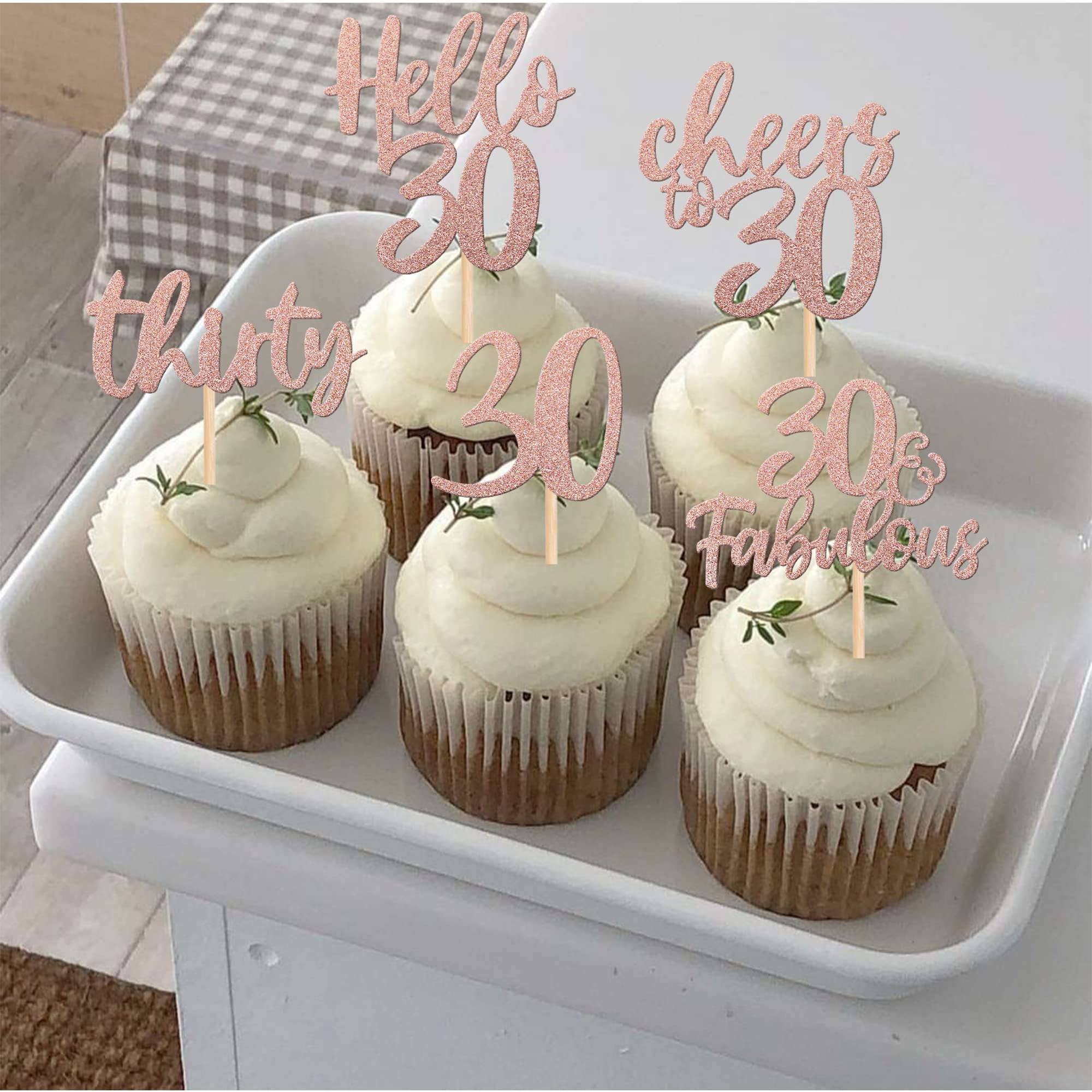 30PCS 30th Birthday Cupcake Toppers Glitter Thirty Hello 30 Cupcake Picks Cheers to 30 Fabulous Cake Decoration for Happy 30th Birthday Wedding Anniversary Party Decorations Supplies Rose Gold