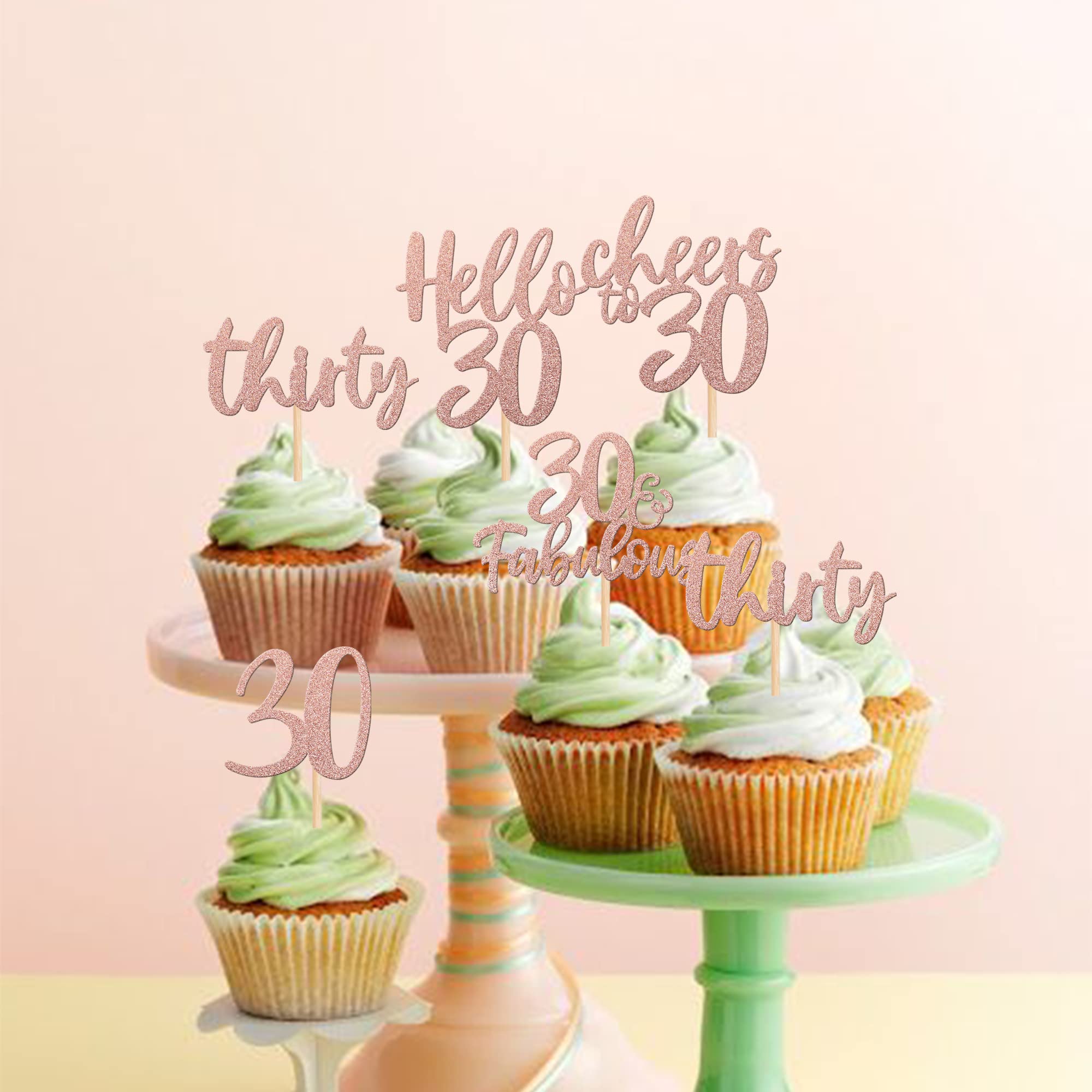 30PCS 30th Birthday Cupcake Toppers Glitter Thirty Hello 30 Cupcake Picks Cheers to 30 Fabulous Cake Decoration for Happy 30th Birthday Wedding Anniversary Party Decorations Supplies Rose Gold