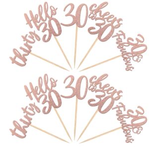 30PCS 30th Birthday Cupcake Toppers Glitter Thirty Hello 30 Cupcake Picks Cheers to 30 Fabulous Cake Decoration for Happy 30th Birthday Wedding Anniversary Party Decorations Supplies Rose Gold