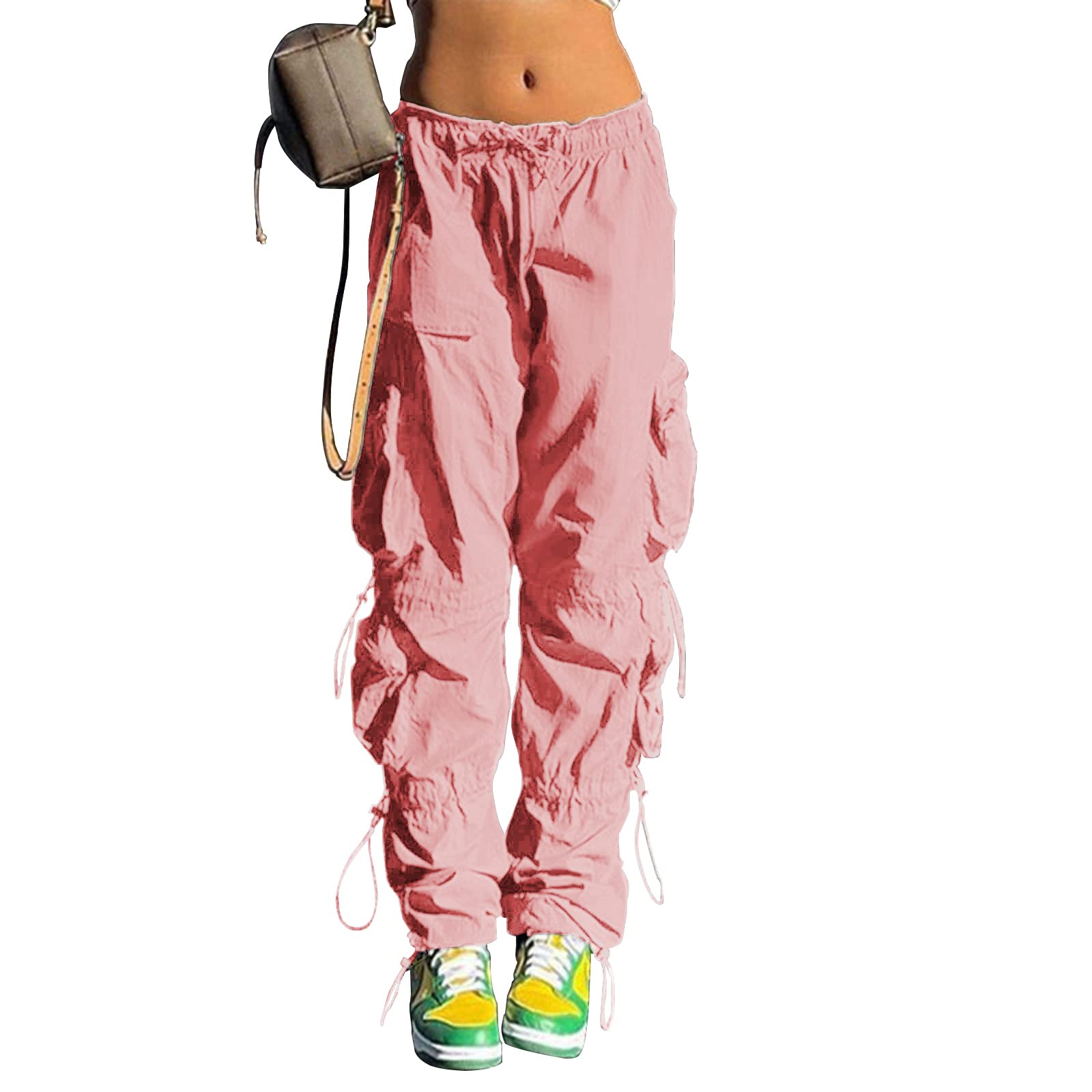 QYANGG Baggy Parachute Pants for Women& Girls Drawstring Elastic Low Waist Ruched Cargo Pants Multiple Pockets Jogger Y2K Pink