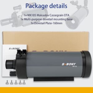 SVBONY MK105 Telescope, 105mm Aperture Maksutov Cassegrain OTA, Dielectric Coatings Catadioptric Telescope, for Planetary Visual and Photography with 160mm Dovetail Plate